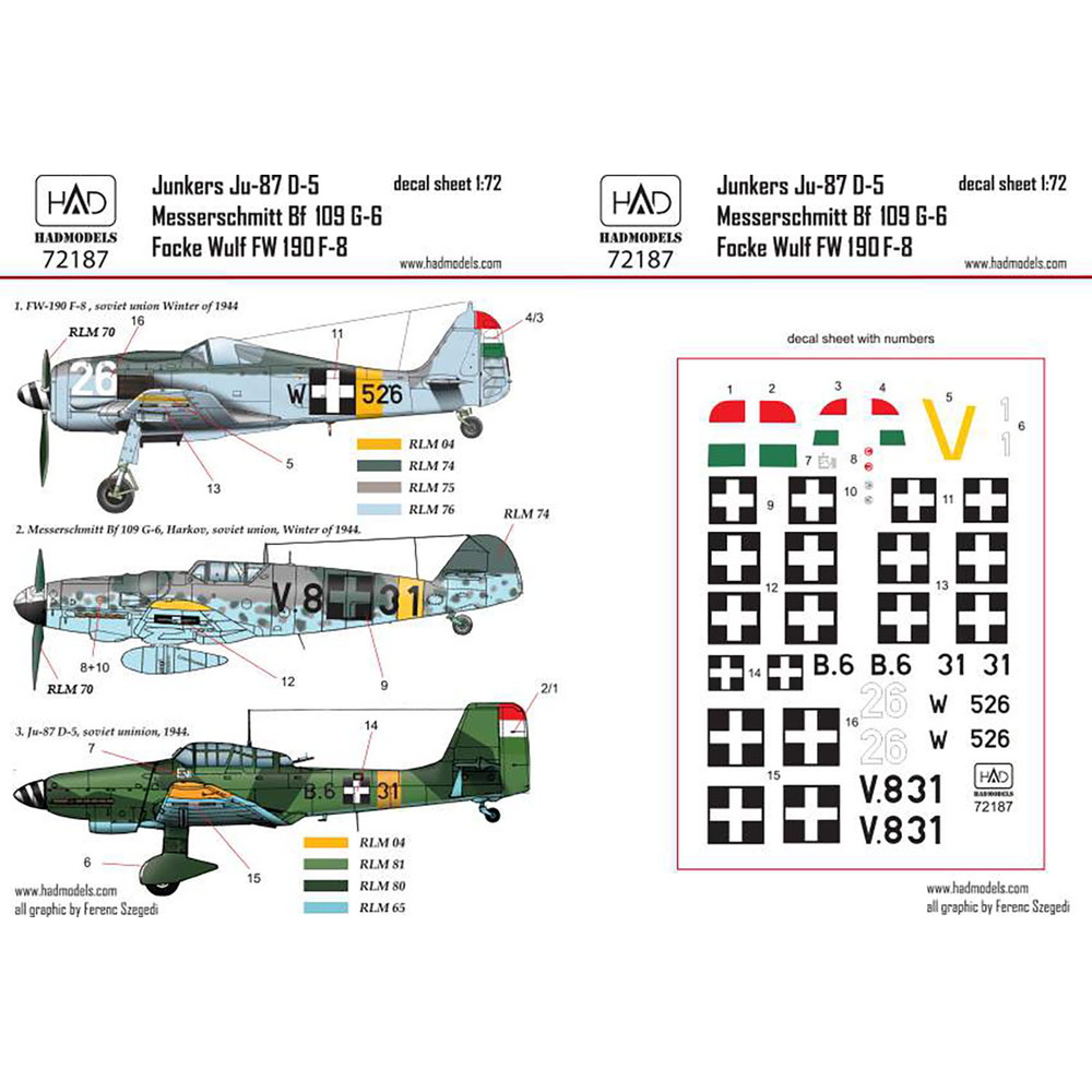 スケール :: 1/72スケール :: HADモデル 1/72 WW.II ハンガリー空軍 フォッケウルフ Fw190F-8/メッサーシュミット  Bf109G-6/ユンカースJu-87D-5 デカール - プラモデル通販専門店【ホビコレ】｜飛行機・車・鉄道模型・完成品販売