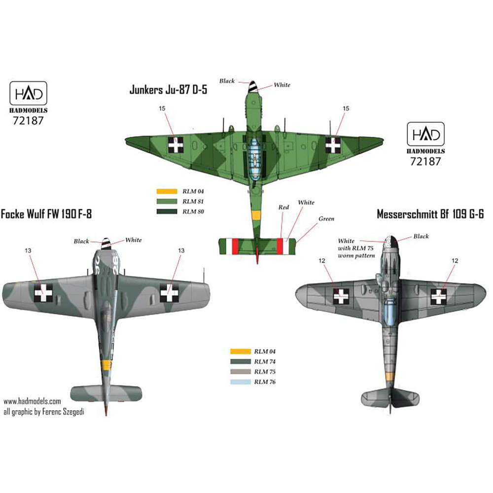 スケール :: 1/72スケール :: HADモデル 1/72 WW.II ハンガリー空軍 フォッケウルフ Fw190F-8/メッサーシュミット  Bf109G-6/ユンカースJu-87D-5 デカール - プラモデル通販専門店【ホビコレ】｜飛行機・車・鉄道模型・完成品販売